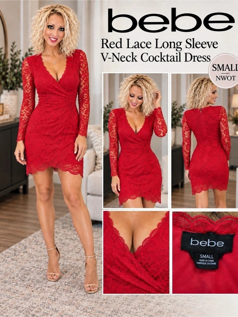 bebe Red Lace Long Sleeve V-Neck Cocktail Dress Mini Size